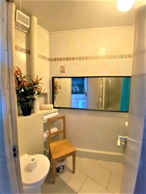 Bathtub, hair dryer, towels, soap