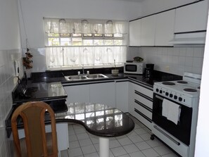 Een magnetron, een oven, een koffiezetapparaat/waterkoker, een blender