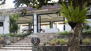 Un edificio moderno con una escalera de piedra que conduce a una entrada cubierta.