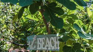Eine Holzbank in einem Garten mit einem Schild, auf dem 'Beach' steht.