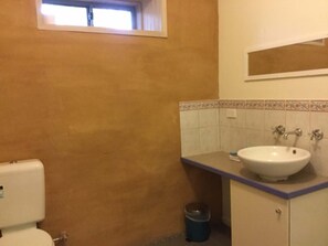 A bathroom with a toilet, sink, and a trash bin. - Frogsong Strawbale Cottage BLUE | Mansfield (Mountain Bay)