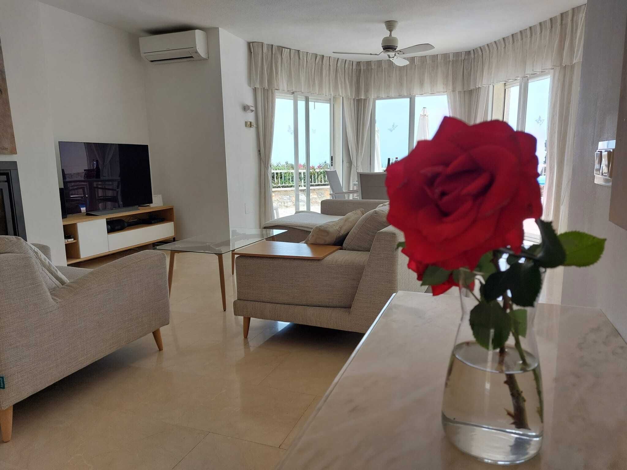 Una sala de estar con un sofá, una mesa de centro, un televisor y una rosa en un jarrón.