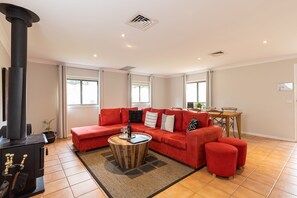 TV, fireplace, DVD player, books