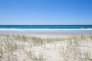 A beach with sand and grass in the foreground and a clear blue sky.