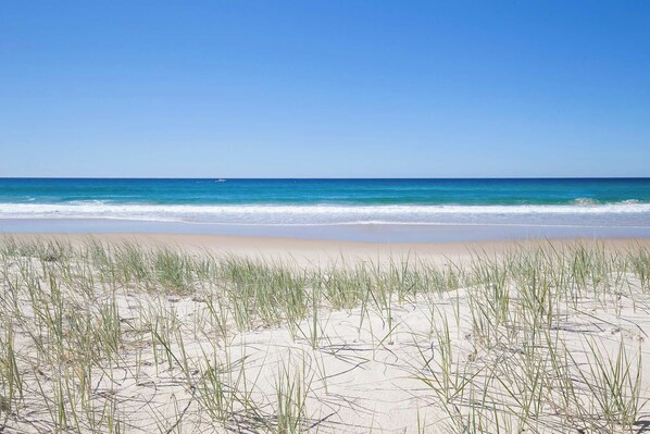 A beach with sand and grass in the foreground and a clear blue sky.
