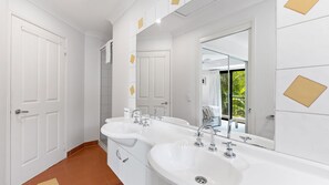 Shower, hair dryer, soap, shampoo