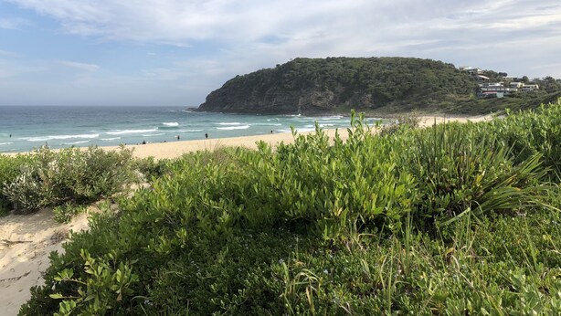 Paesaggio costiero con spiaggia, onde dell'oceano e una collina con edifici.