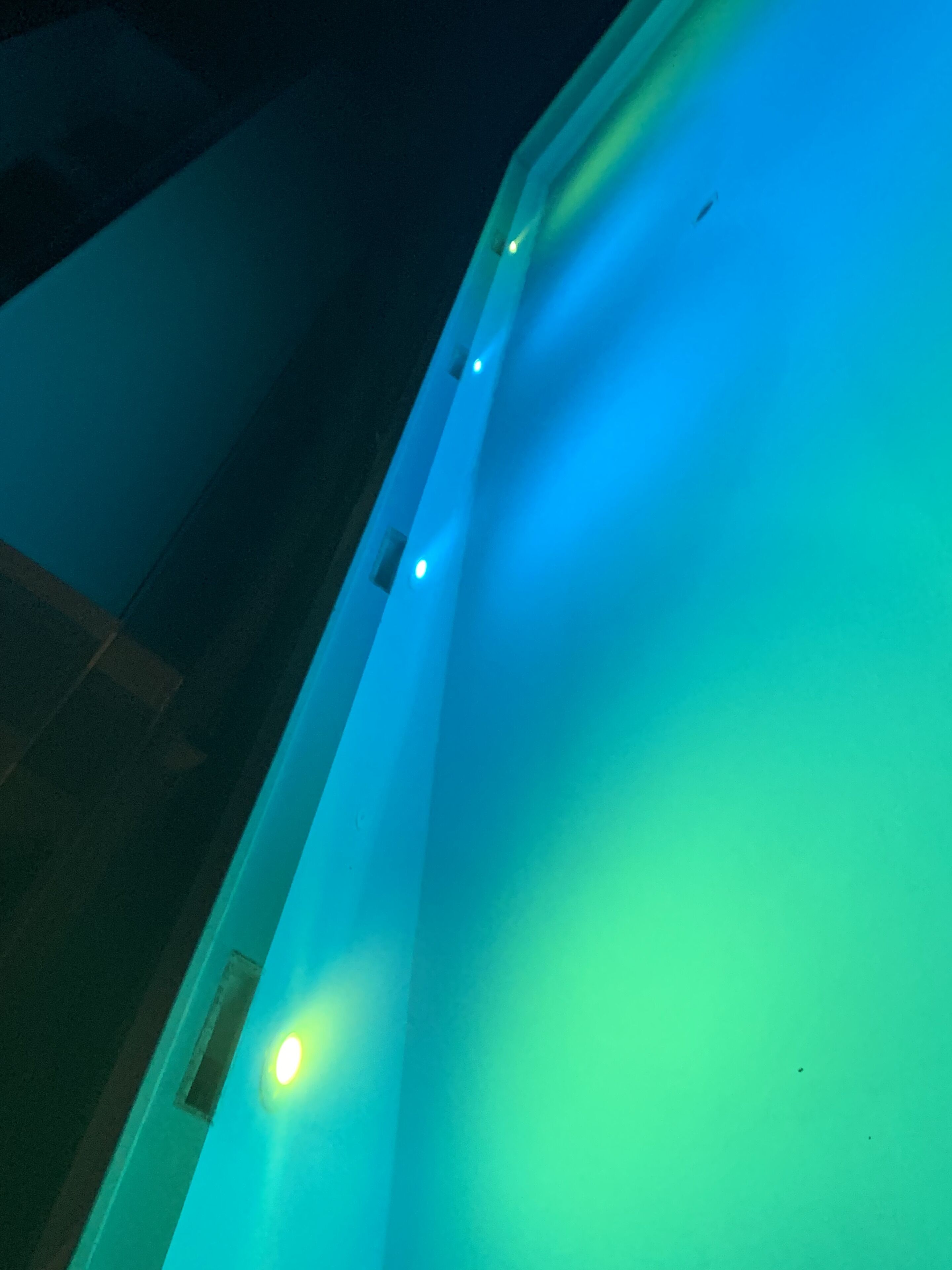 A long, narrow structure with a smooth surface and a few small lights along its length.