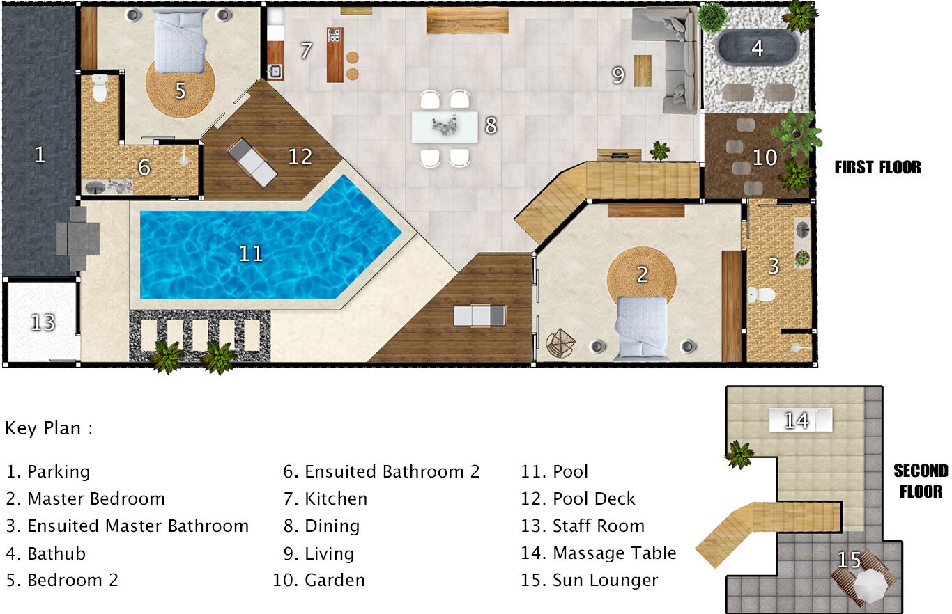 Plano de un hotel que muestra una piscina, baños privados, zona de comedor y jardín.
