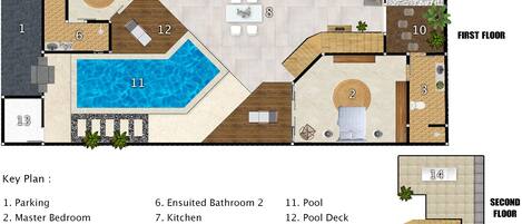 Plano de un hotel que muestra una piscina, baños privados, zona de comedor y jardín.