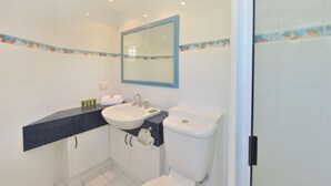 A bathroom with a white sink, a mirror, and a toilet. - Driftwood Mantaray Three Bedroom Loft (Douglas)