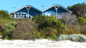 Une propriété située en bord de mer, avec deux maisons bleues, entourée d’une végétation luxuriante et d’une plage de sable.
