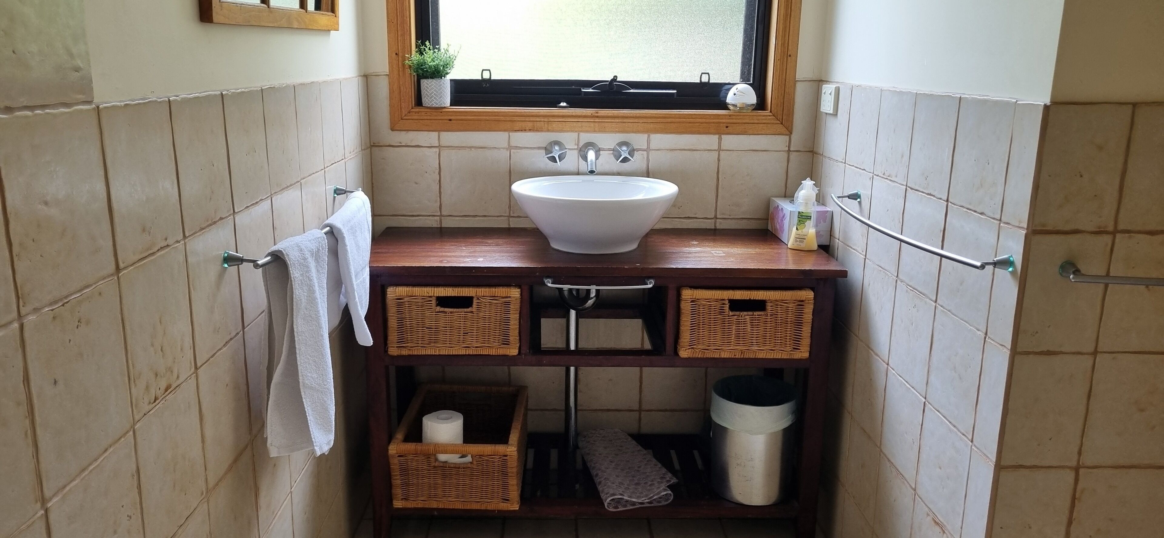 Hair dryer, towels, shampoo, toilet paper