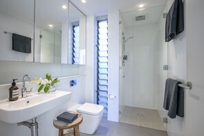 Shower, hair dryer, towels