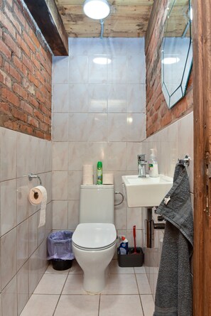Une petite salle de bain comprenant des toilettes, un lavabo et un miroir.