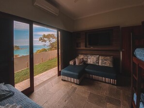 Smart TV, lareira, livros, aparelho de som