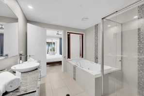 Shower, hair dryer, shampoo