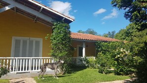 Una casa amarilla con valla blanca, un árbol y un perro en el jardín.