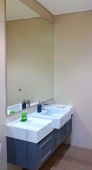 Hair dryer, towels, soap, shampoo