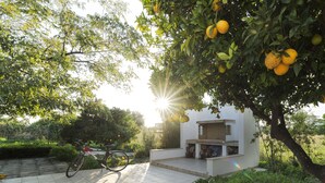 A patio with a bicycle, a white building with a fireplace, and a tree with lemons. - Holiday home next to orange tree orchard, 185 sq.m with pool (ΒΟΧΑΣ - ΒΡΑΧΑΤΙΟΥ)