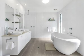 Shower, hair dryer, shampoo