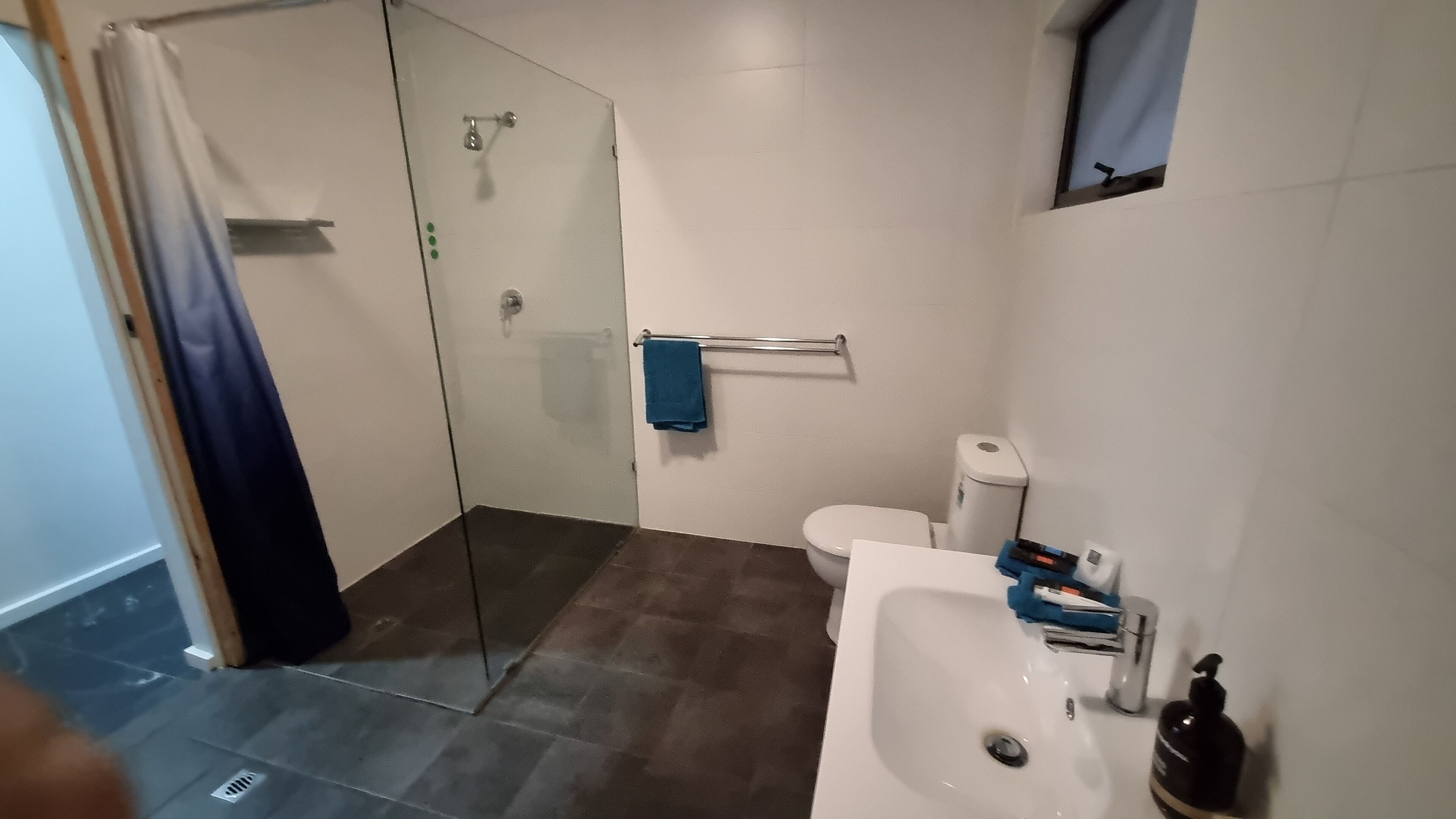 A modern bathroom with a glass shower enclosure, a white sink, and a toilet.