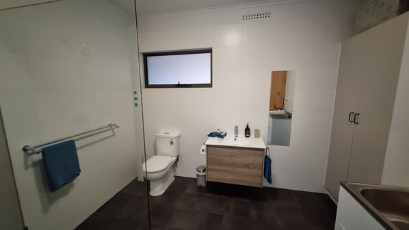A compact bathroom with a toilet, sink, and mirror. - The Good Life - Two Bedroom Garden Apartment (Port Pirie South)