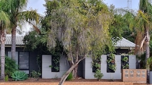 Una propiedad residencial con una casa moderna, un árbol grande y un muro de ladrillo con jardineras.