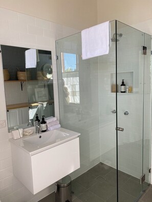 Shower, hair dryer, towels