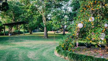 Un parco con un gazebo, un albero con frutti arancioni e un prato curato.