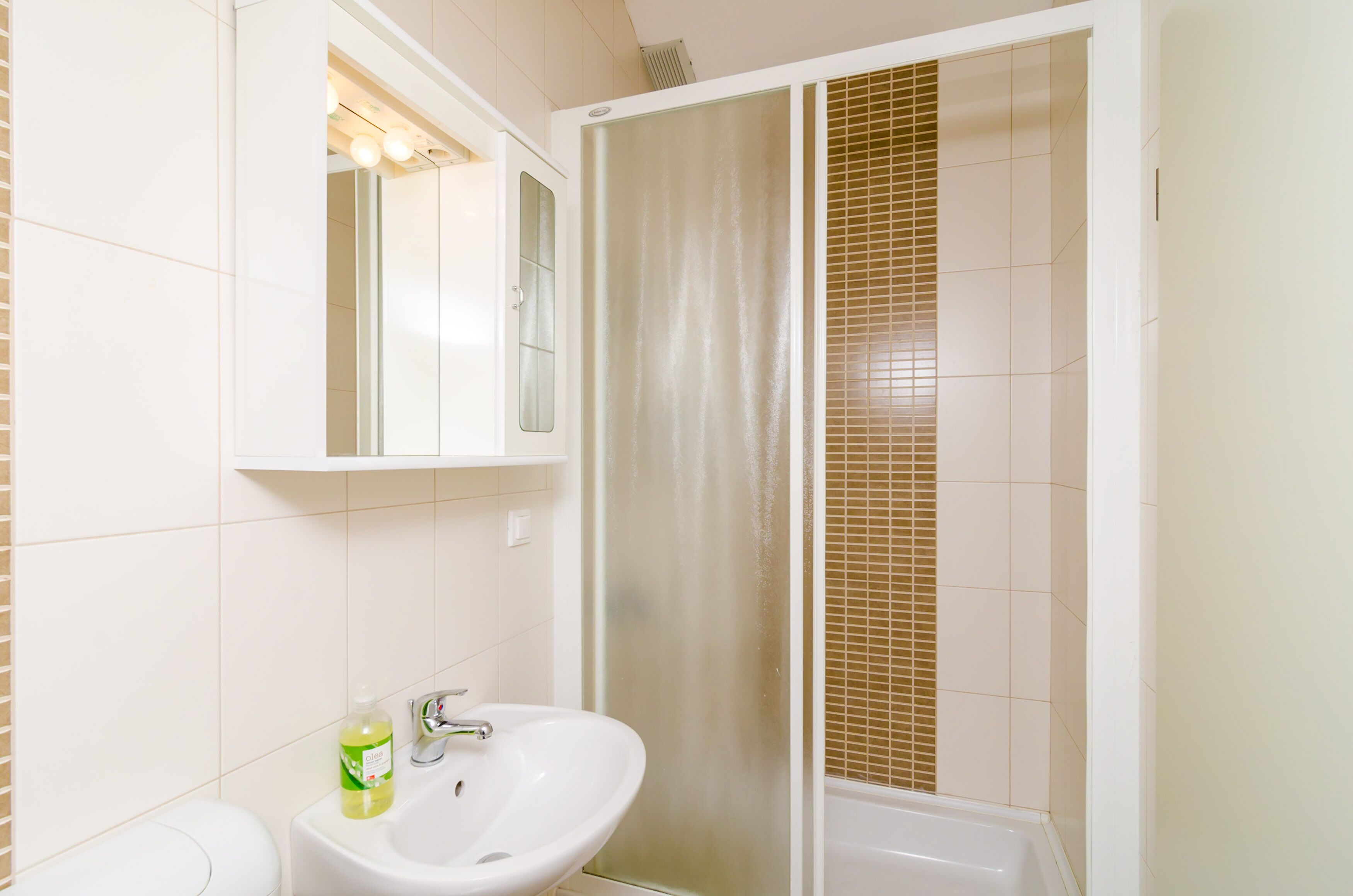 Douche, sèche-cheveux, serviettes fournies, savon