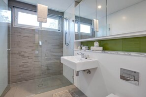 Douche, sèche-cheveux, serviettes fournies, shampoing