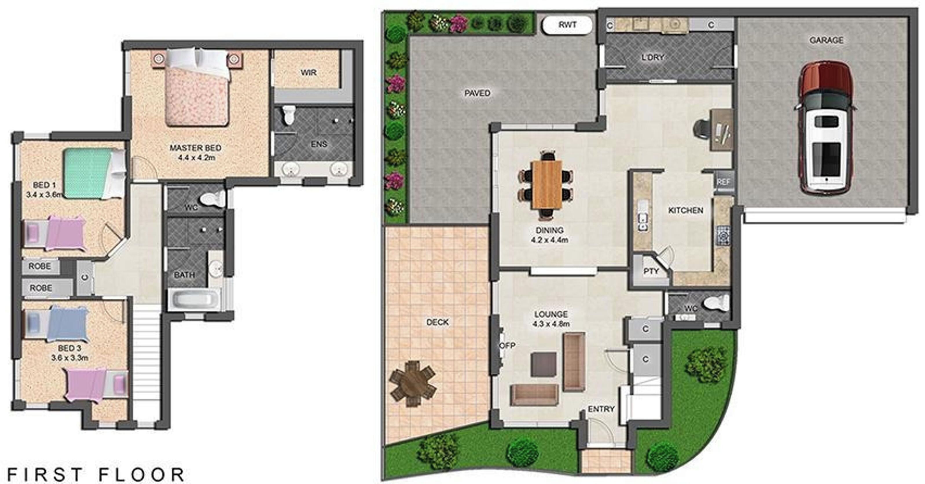 A first-floor floor plan with a master bedroom, two smaller bedrooms, a bathroom, a dining area, a kitchen, a lounge, and a garage.