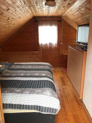 Relax in this cozy cabin room with a comfortable bed, TV, and natural light pouring in through the window.