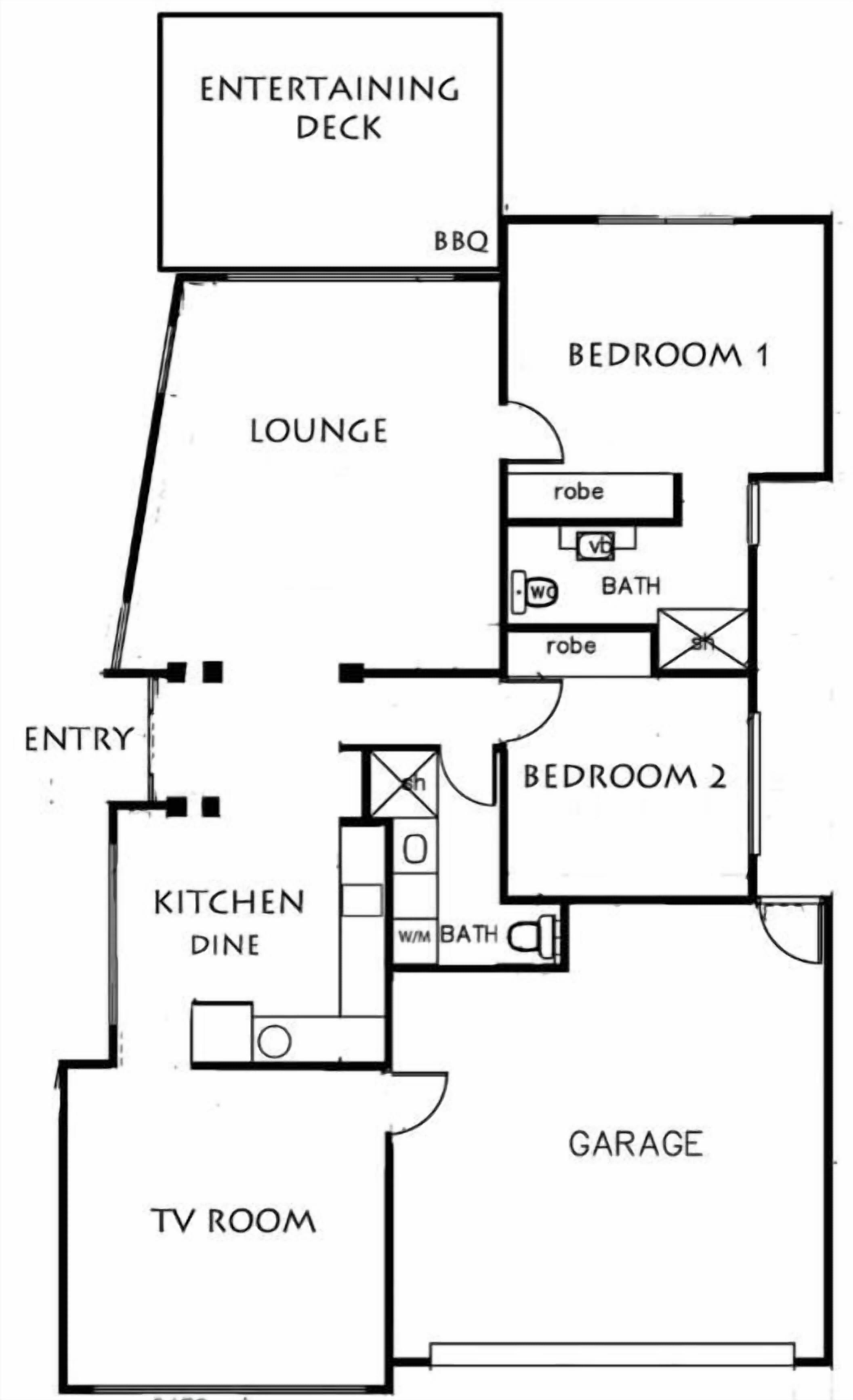 A floor plan with an entertaining deck, lounge, kitchen, TV room, two bedrooms, and a garage.