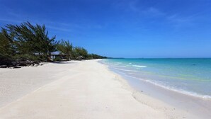 Una playa amplia y arenosa, con agua turquesa cristalina y algunos árboles a la izquierda.