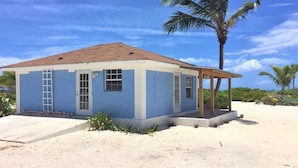 Casa de una sola planta con fachada azul y techo marrón, ubicada en una playa arenosa con palmeras.