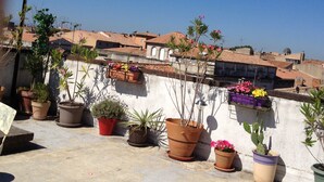 A rooftop terrace with potted plants and a view of the cityscape.