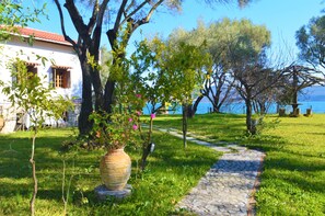A stone pathway leading to a white building with a red roof, surrounded by lush greenery and trees.