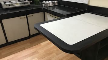 Fridge, stovetop, cookware/dishes/utensils
