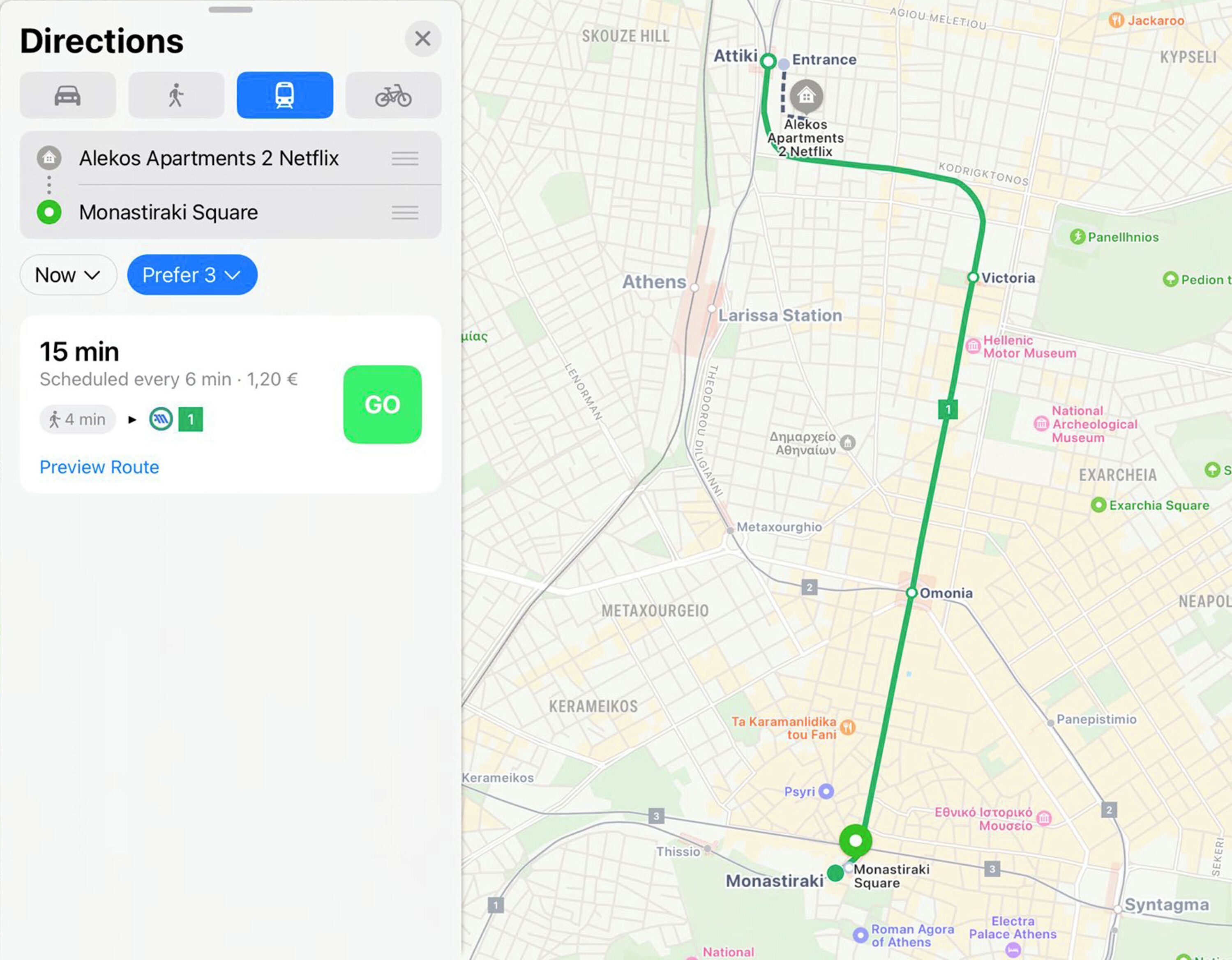 A map with a green route from Monastiraki Square to Alekos Apartments 2, marked with a "GO" button.