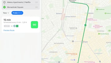 A map with a green route from Monastiraki Square to Alekos Apartments 2, marked with a "GO" button.