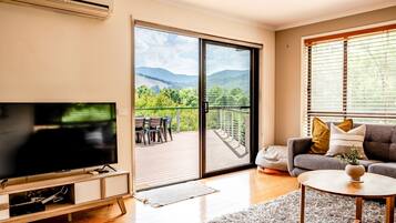 Smart TV, fireplace, DVD player