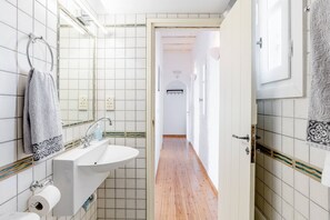 Combined shower/bathtub, hair dryer, towels, shampoo