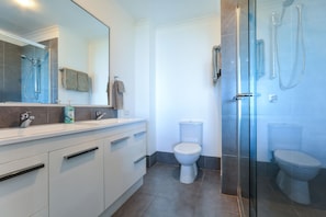 Shower, hair dryer, towels, toilet paper