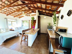 Fridge, microwave, stovetop, coffee/tea maker