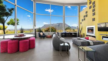 Smart TV, fireplace, books, stereo
