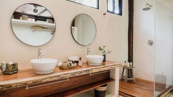 Eco-friendly toiletries, hair dryer, towels, soap