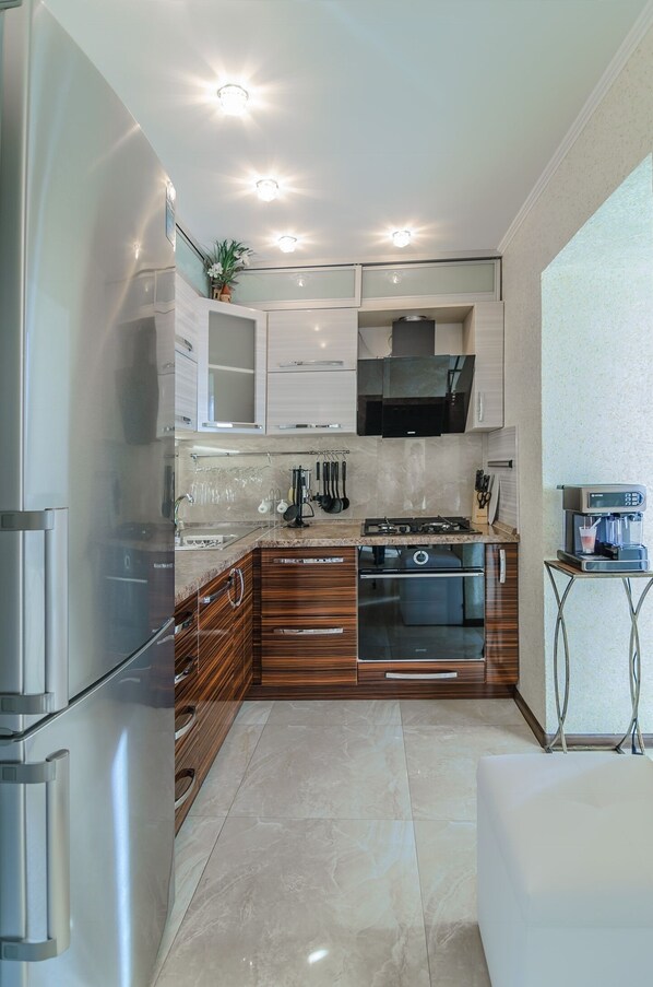 Fridge, microwave, dishwasher, coffee/tea maker - City Center Cozy Apartment (Kyiv)