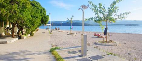 On the beach, sun-loungers